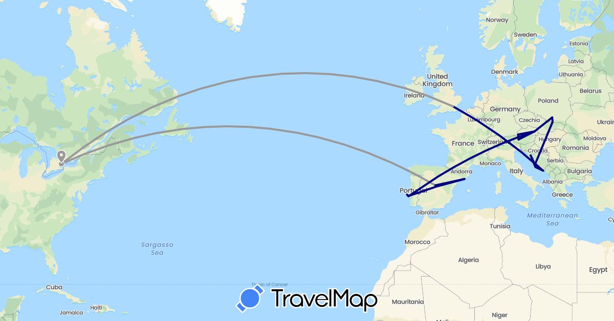 TravelMap itinerary: driving, plane in Austria, Canada, Spain, United Kingdom, Croatia, Poland, Portugal (Europe, North America)